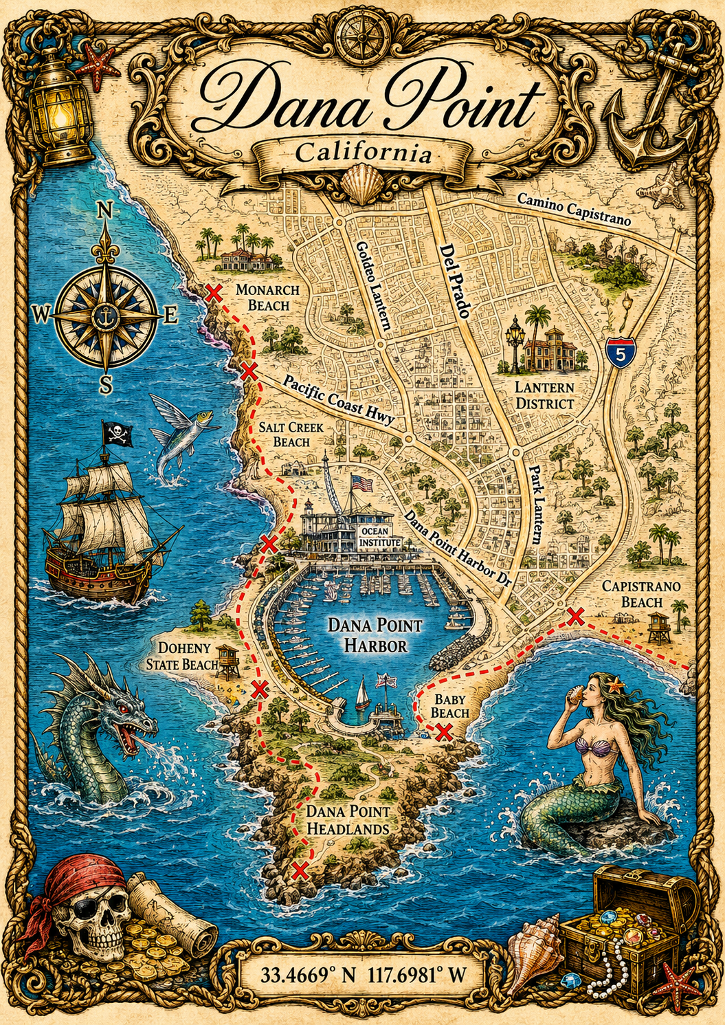Treasure Map Tee - Dana Point Vintage Nautical Map Shirt