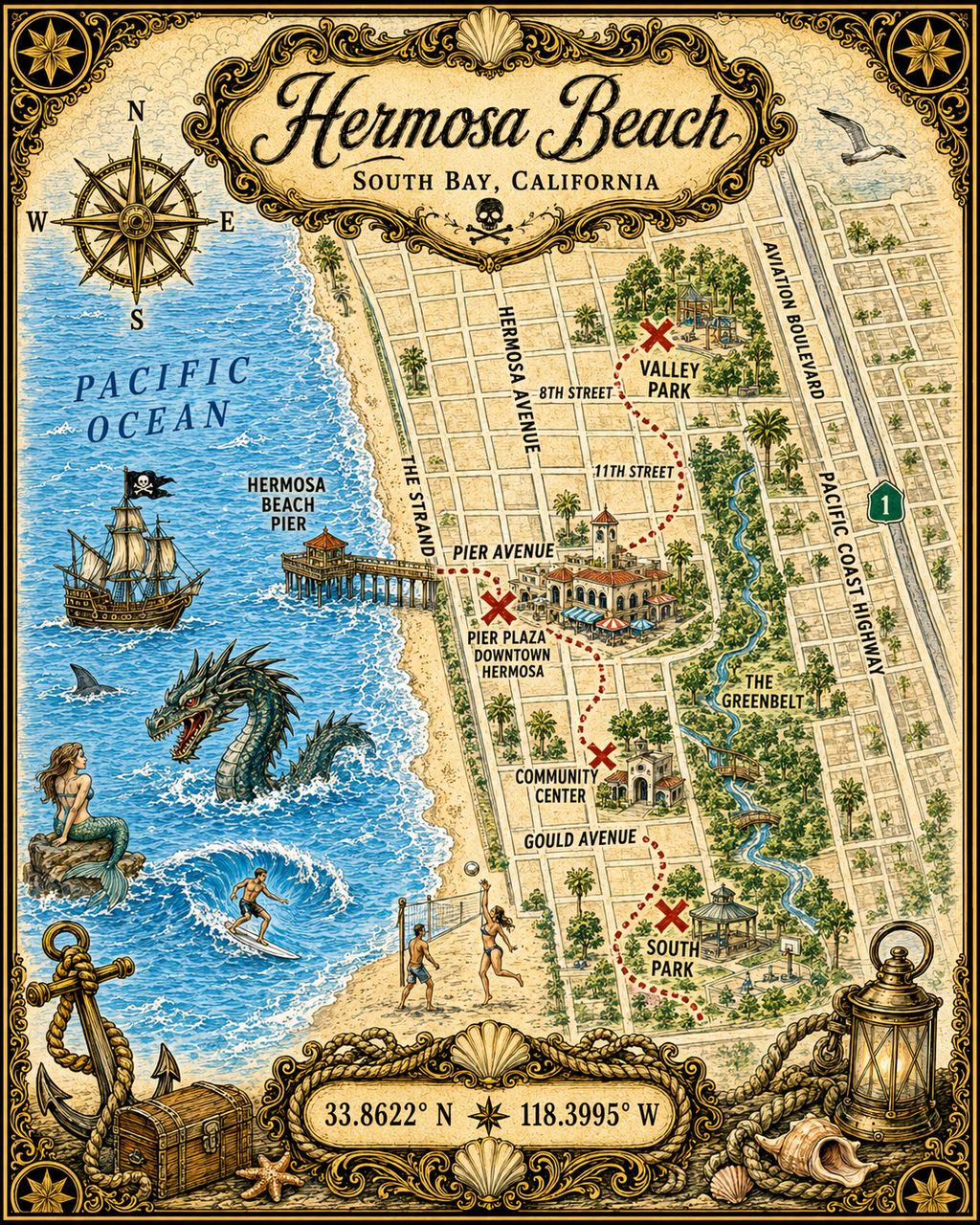 Treasure Map Tee - Hermosa Beach Vintage Nautical Map Shirt