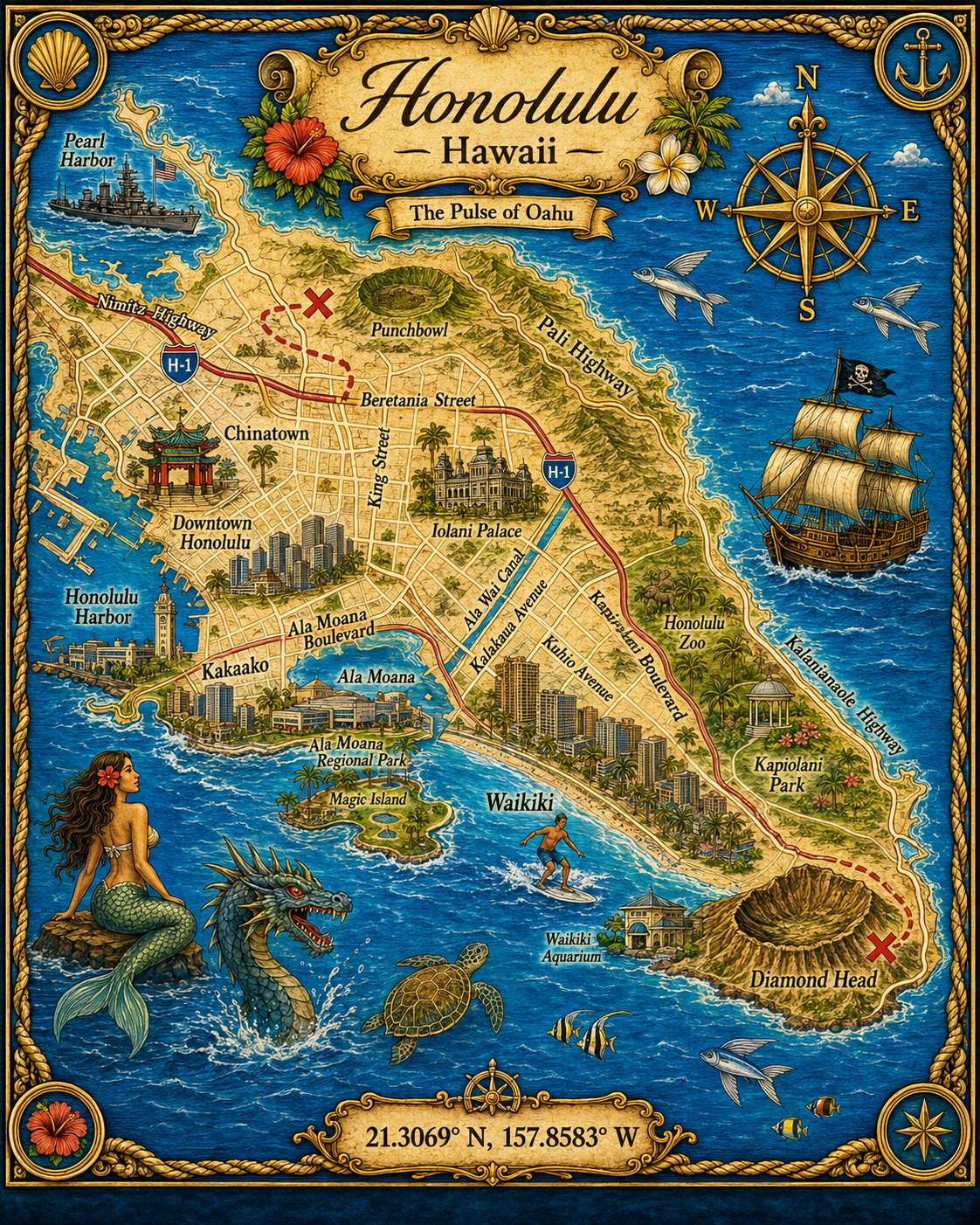Treasure Map Tee - Honolulu Vintage Nautical Map Shirt