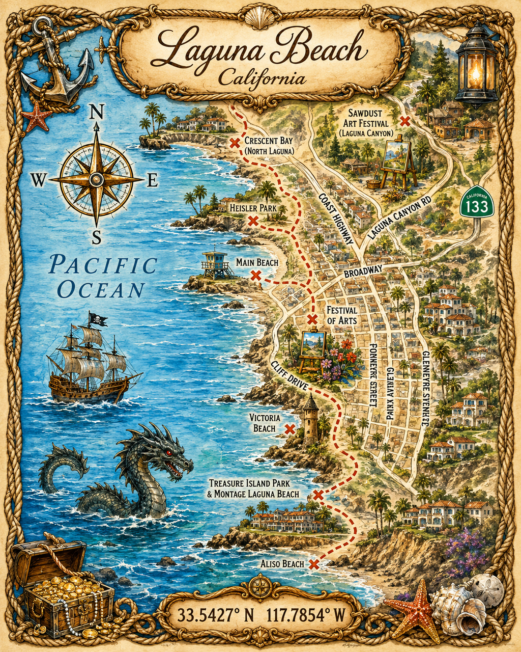 Treasure Map Tee - Laguna Beach Vintage Nautical Map Shirt