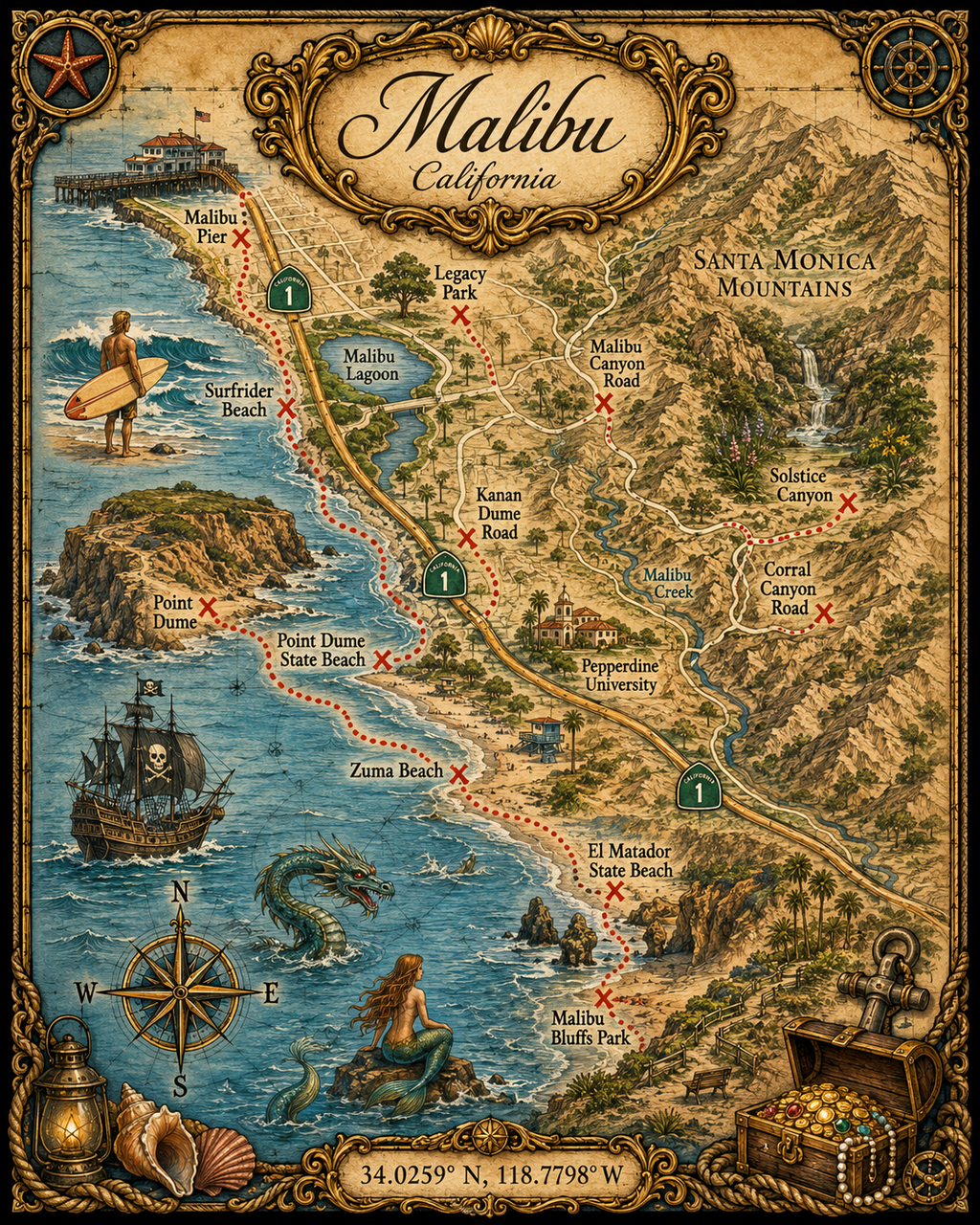 Treasure Map Tee - Malibu Vintage Nautical Map Shirt