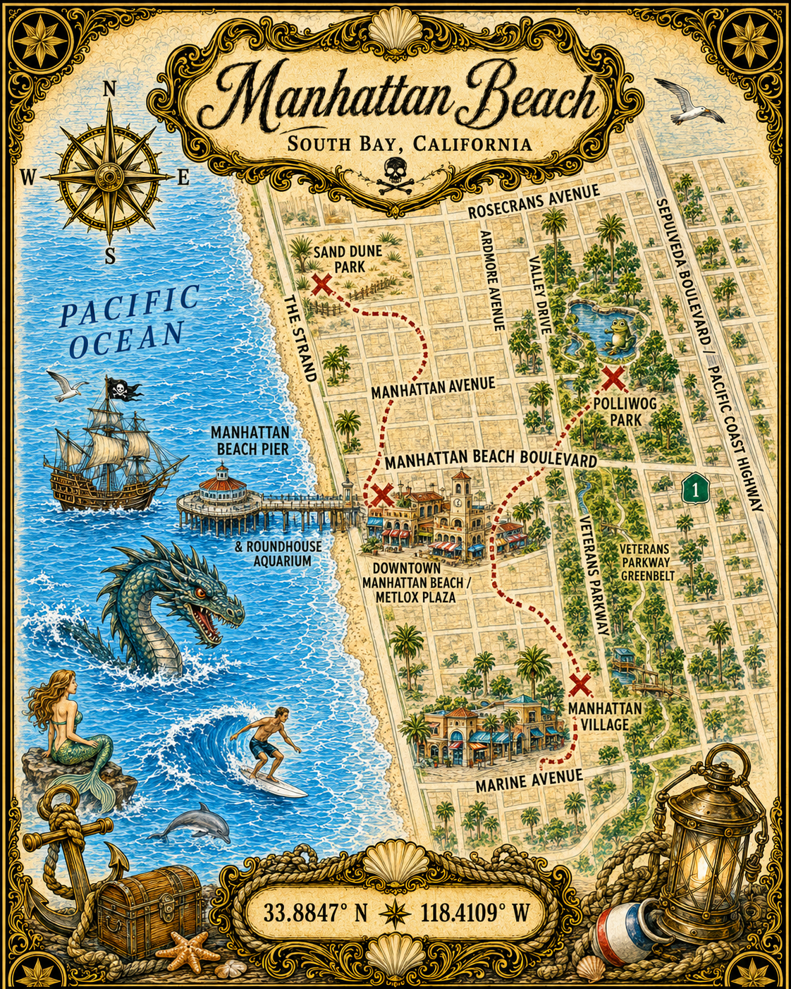 Treasure Map Tee - Manhattan Beach Vintage Nautical Map Shirt