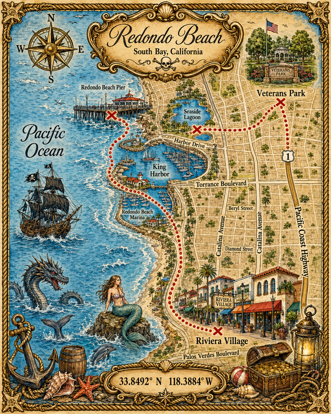 Treasure Map Tee - Redondo Beach Vintage Nautical Map Shirt