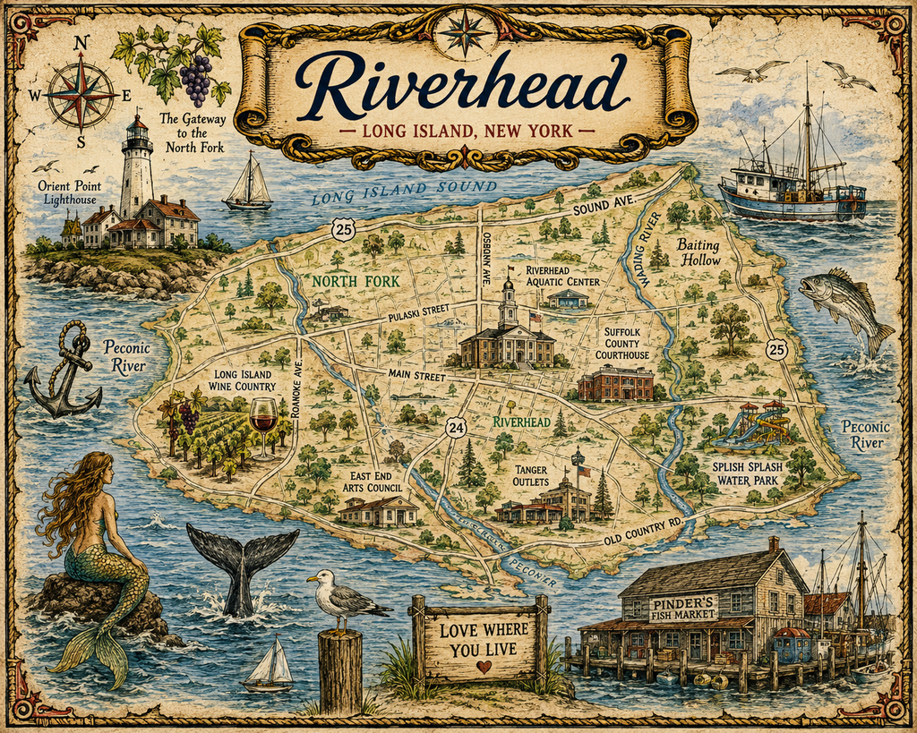 Treasure Map Tee - Riverhead, Long Island Vintage Nautical Map Shirt