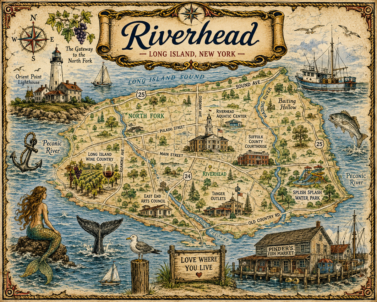 Treasure Map Tee - Riverhead, Long Island Vintage Nautical Map Shirt