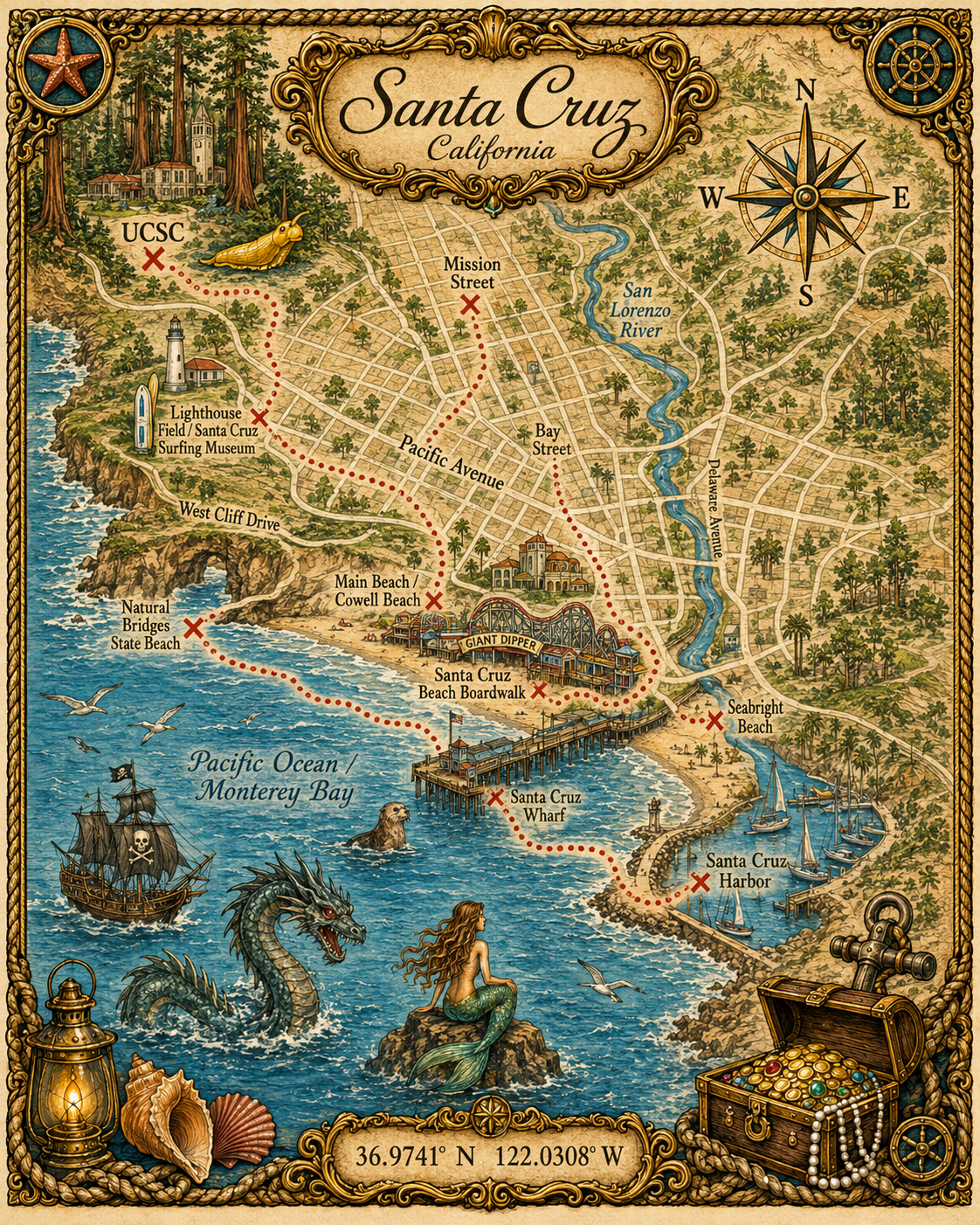 Treasure Map Tee - Santa Cruz Vintage Nautical Map Shirt