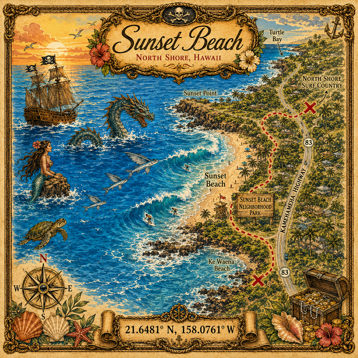 Treasure Map Tee - Sunset Beach Vintage Nautical Map Shirt