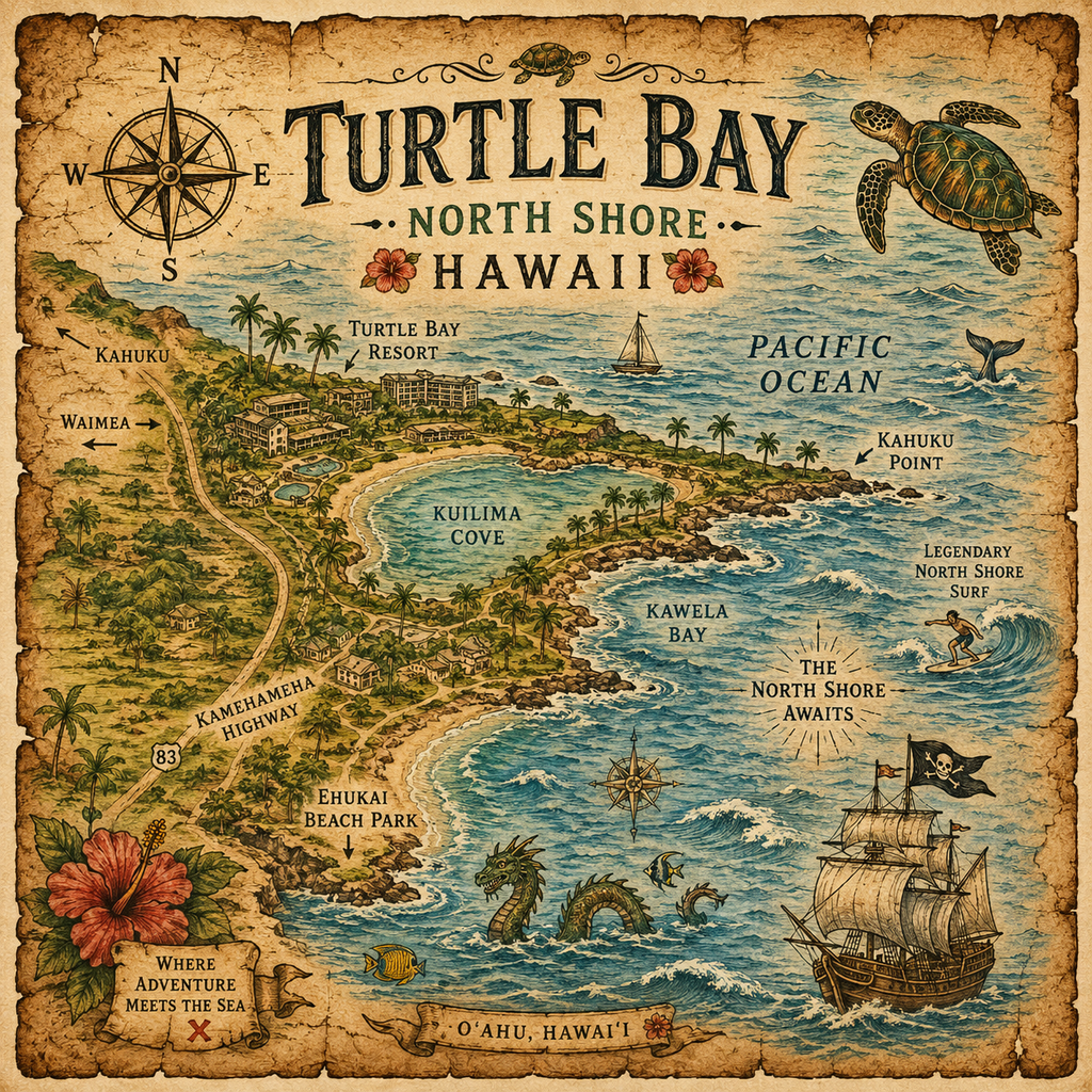Treasure Map Tee -Turtle Bay North Shore Vintage Nautical Map Shirt