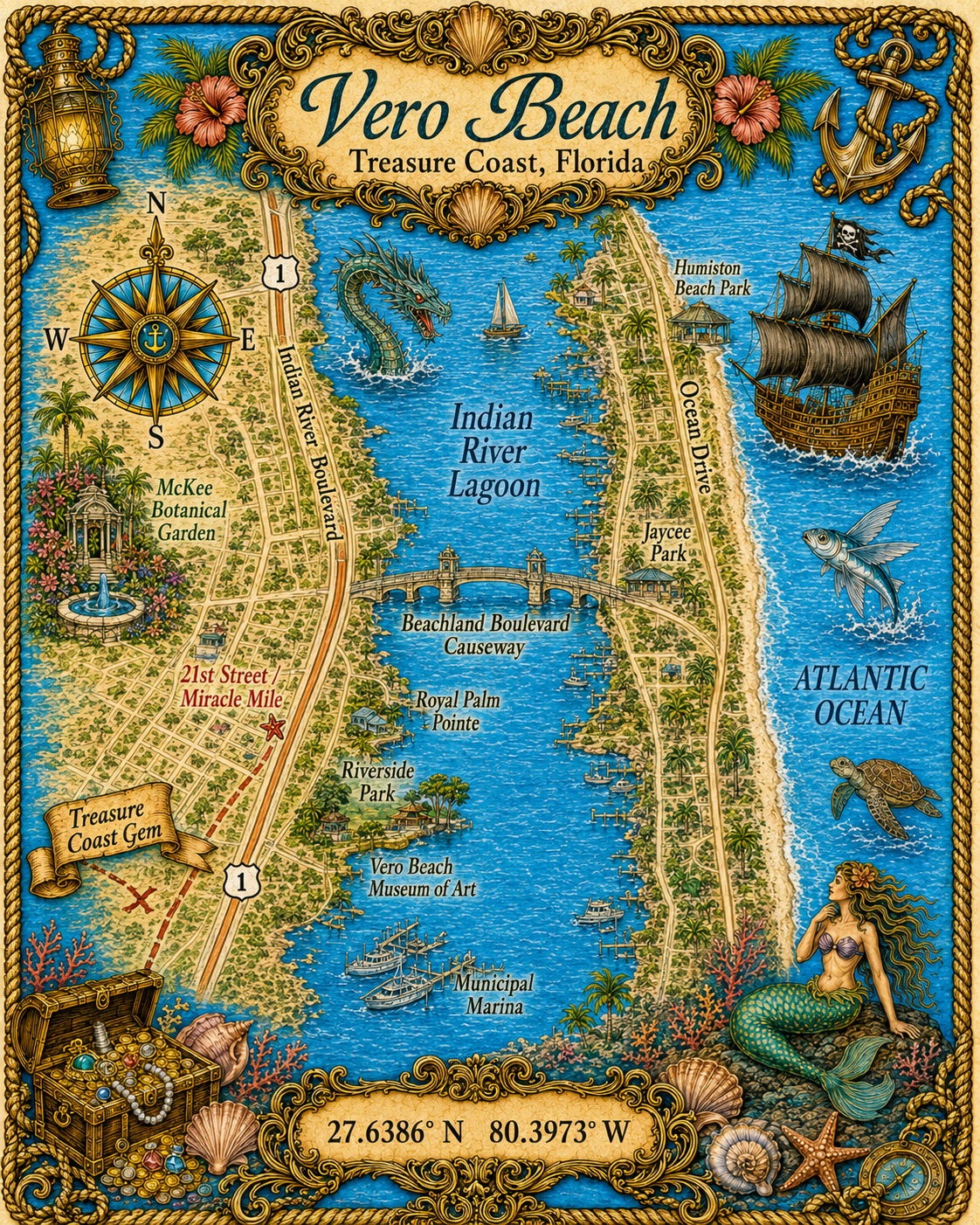 Treasure Map Tee - Vero Beach Vintage Nautical Map Shirt